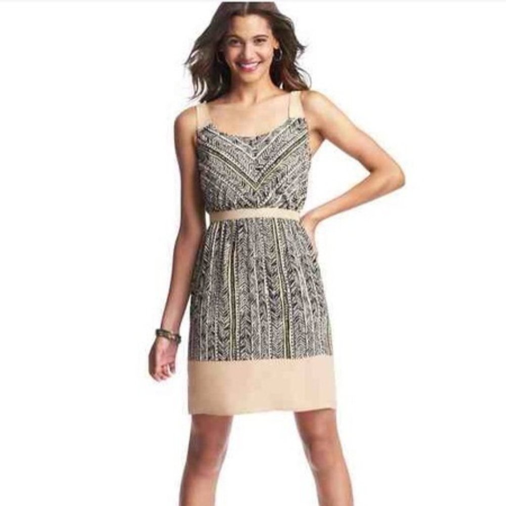 LOFT TAN BLACK YELLOW TRIBAL GEOMETRIC SHEATH DRESS 16 NWT